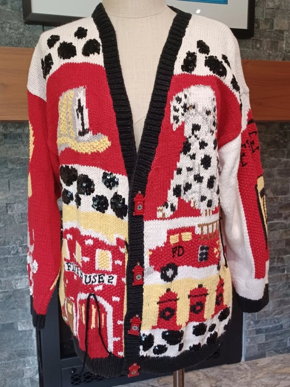 Firehouse Fireman Vintage Belle Pointe Chunky Cardigan Women Medium Dalmation